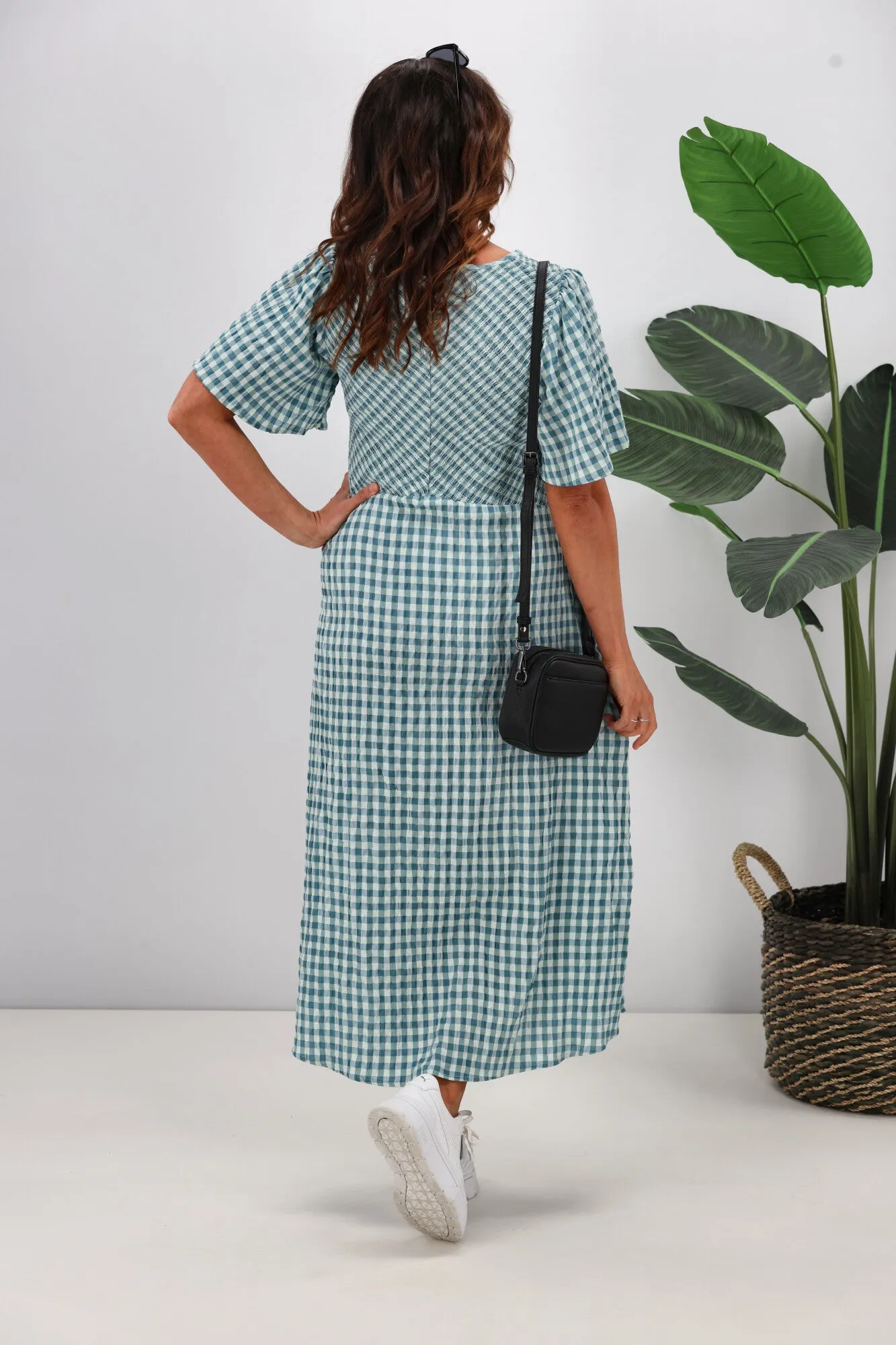 Shine On Label Sumaya Angle Shirred Midi Dress Teal Check