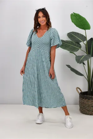 Shine On Label Sumaya Angle Shirred Midi Dress Teal Check