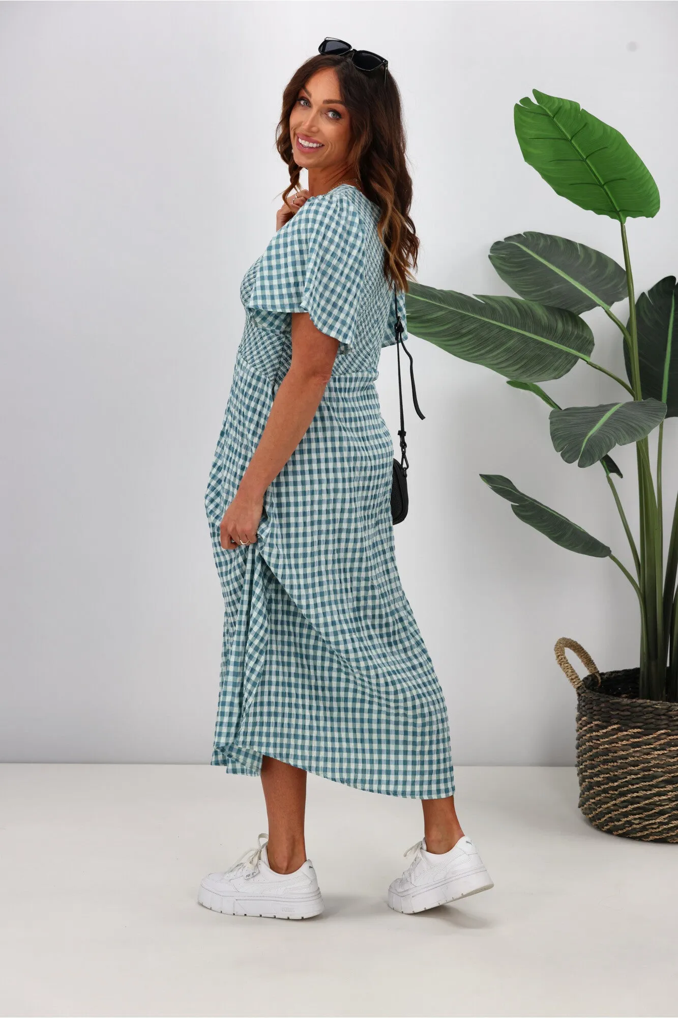 Shine On Label Sumaya Angle Shirred Midi Dress Teal Check