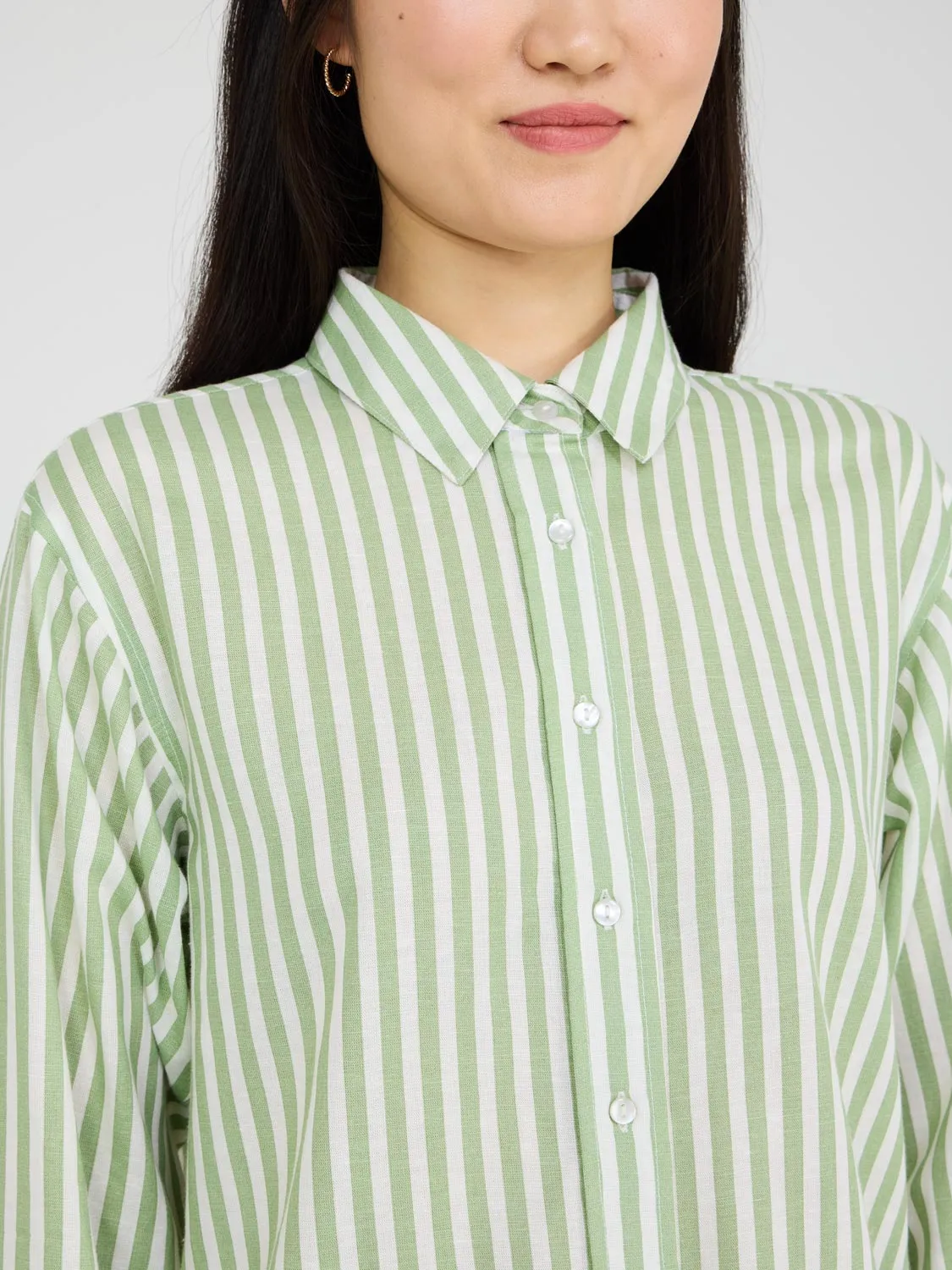 Striped Button-Front Linen Blend Blouse