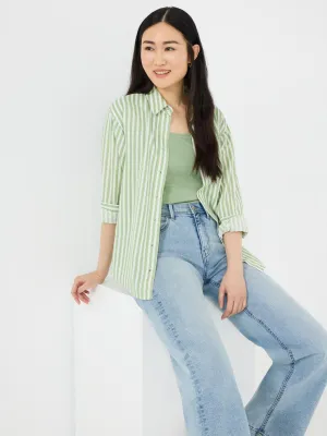 Striped Button-Front Linen Blend Blouse