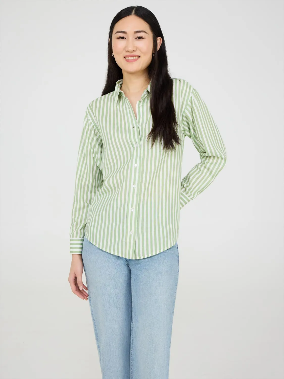 Striped Button-Front Linen Blend Blouse