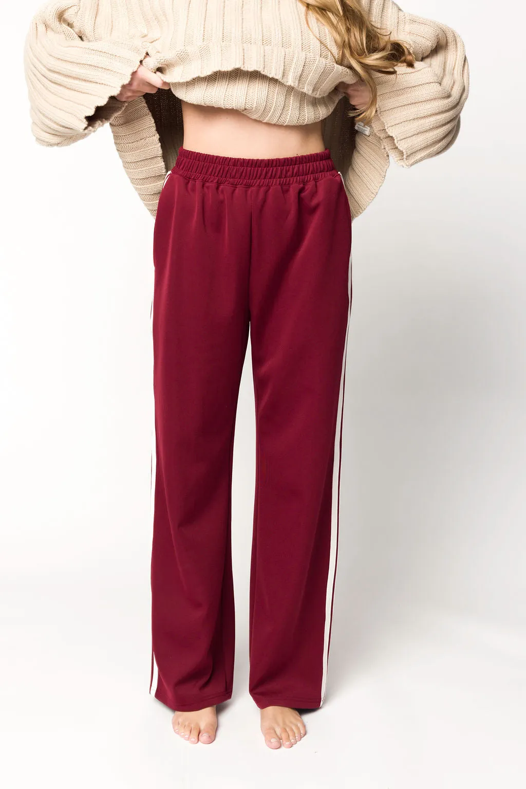 Sue Wide Leg Track Pants in Burgundy