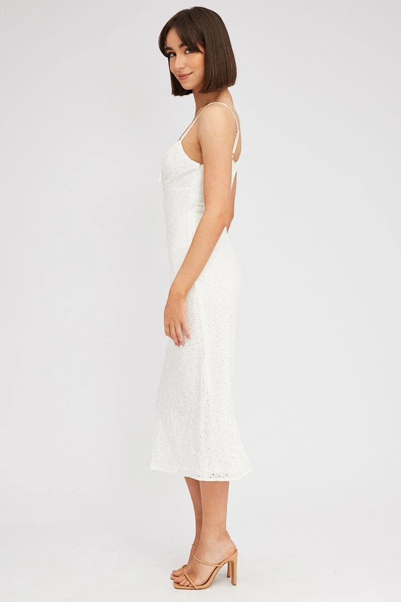 White Midi Dress Gathered Bust Eyelet Fabric