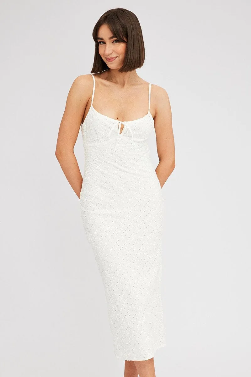 White Midi Dress Gathered Bust Eyelet Fabric