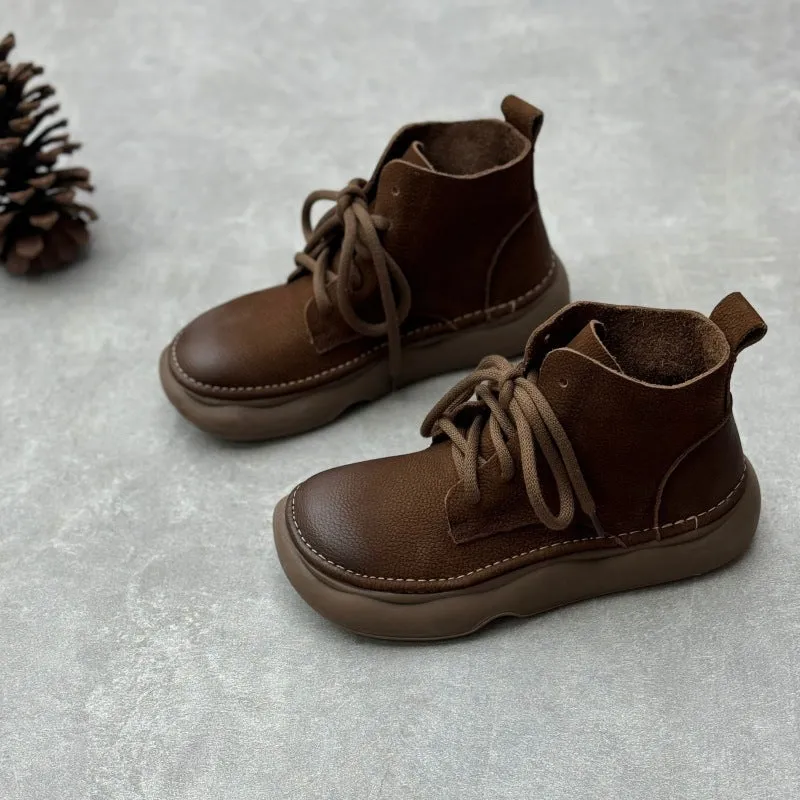 Women Retro Soft Soled Lace-Up Genuine Leather Short Boots