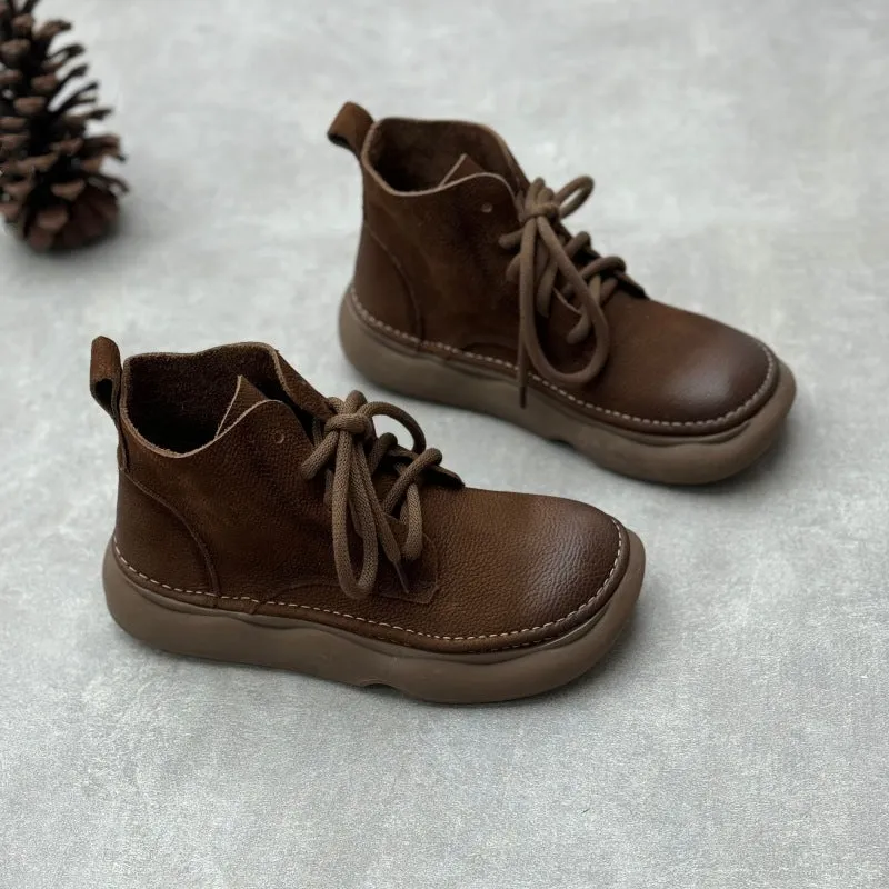 Women Retro Soft Soled Lace-Up Genuine Leather Short Boots