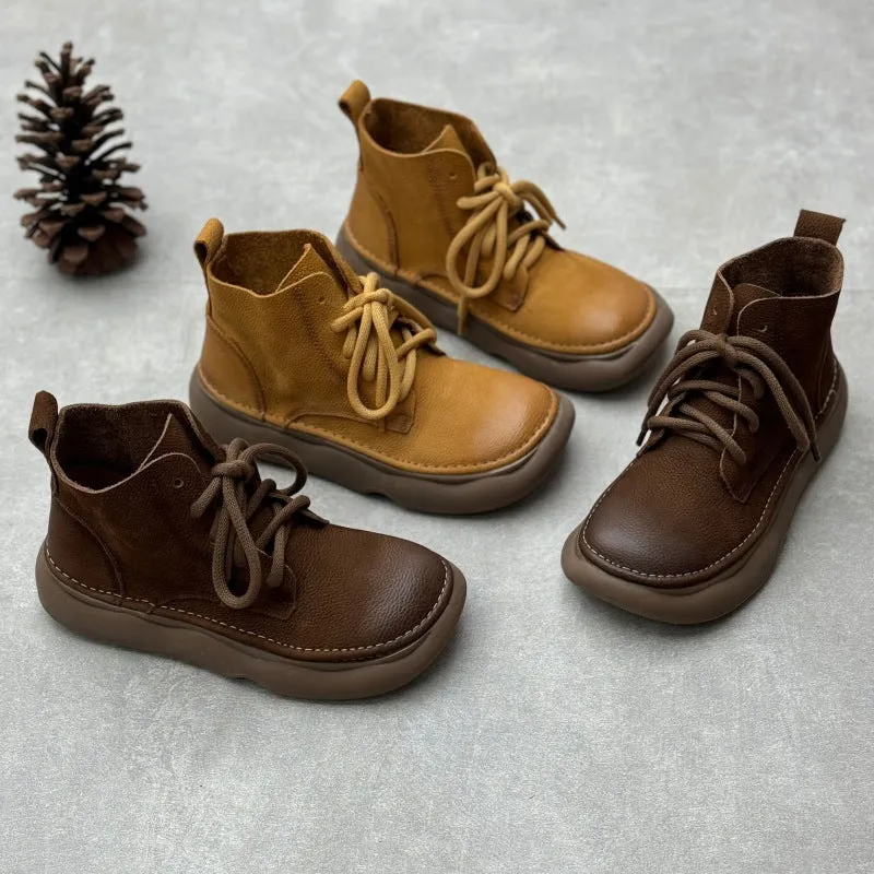 Women Retro Soft Soled Lace-Up Genuine Leather Short Boots
