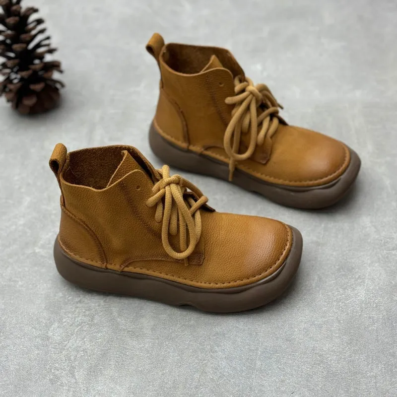 Women Retro Soft Soled Lace-Up Genuine Leather Short Boots