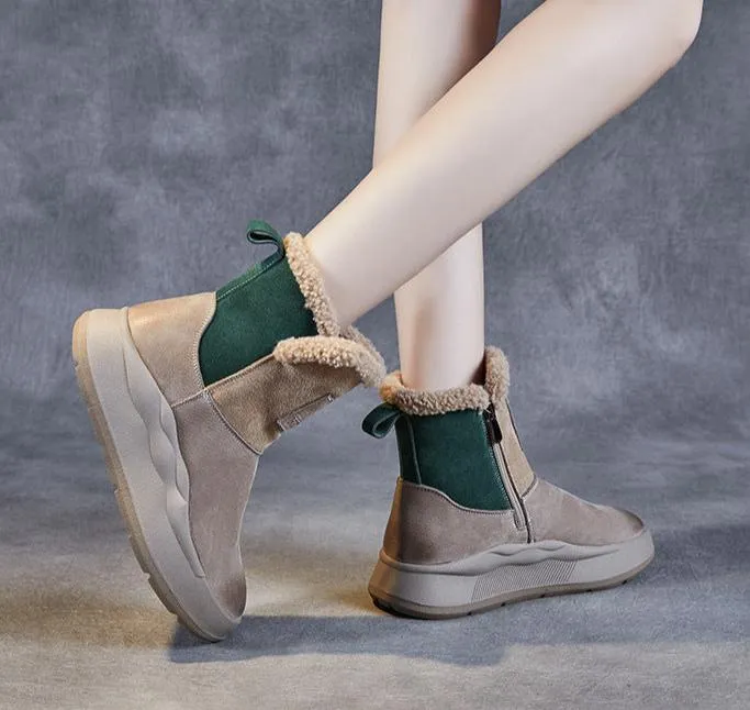 Women Retro Warm Fleece Lining Suede Leather Short Boots