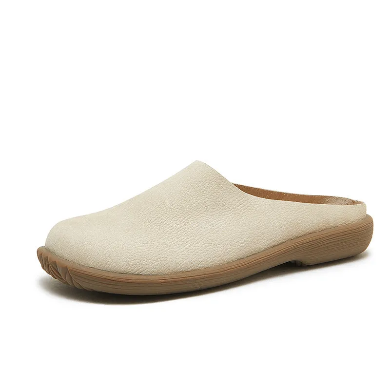 Women Spring Retro Soft Sole Genuine Leather Low Heel Slippers
