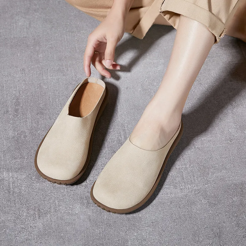 Women Spring Retro Soft Sole Genuine Leather Low Heel Slippers