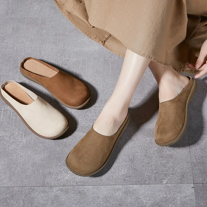 Women Spring Retro Soft Sole Genuine Leather Low Heel Slippers