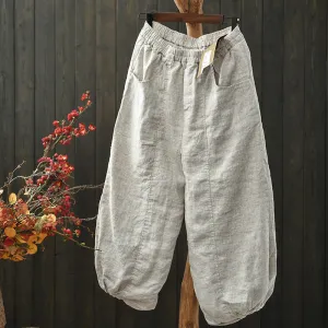 Women Spring Vintage Simple Linen Solid Color Harem Pants