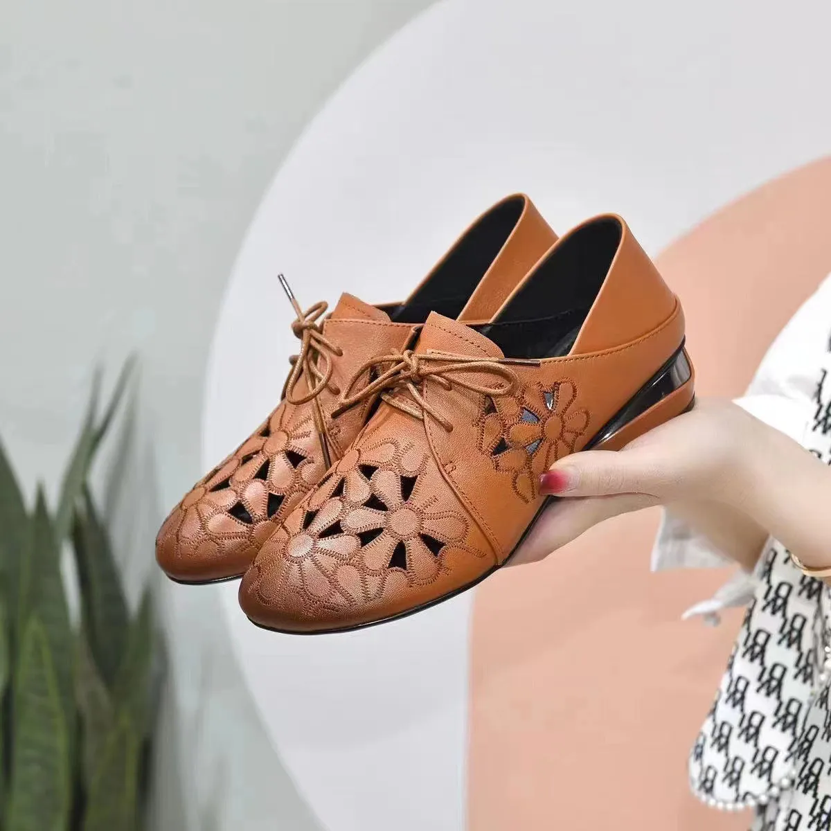 Women Summer Breathable Hollow Leather Soft Cowhide Flats