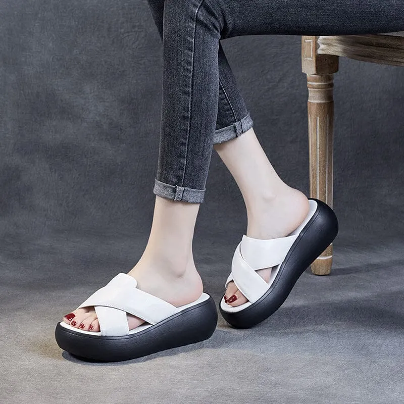 Women Summer Retro Leather Platform Casual Slippers