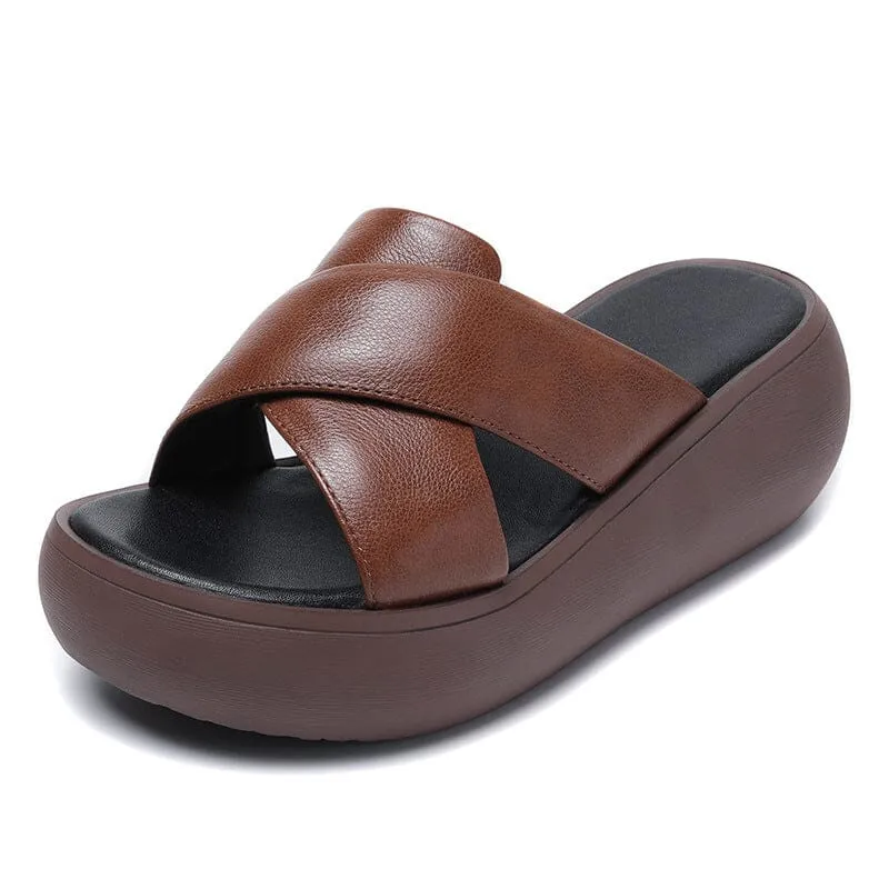 Women Summer Retro Leather Platform Casual Slippers