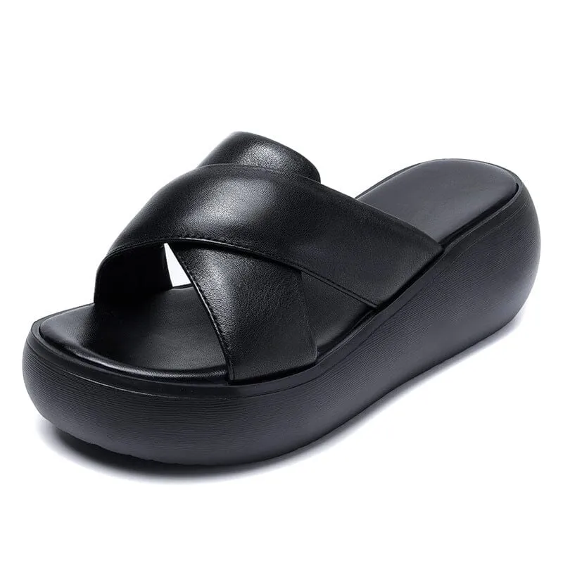 Women Summer Retro Leather Platform Casual Slippers