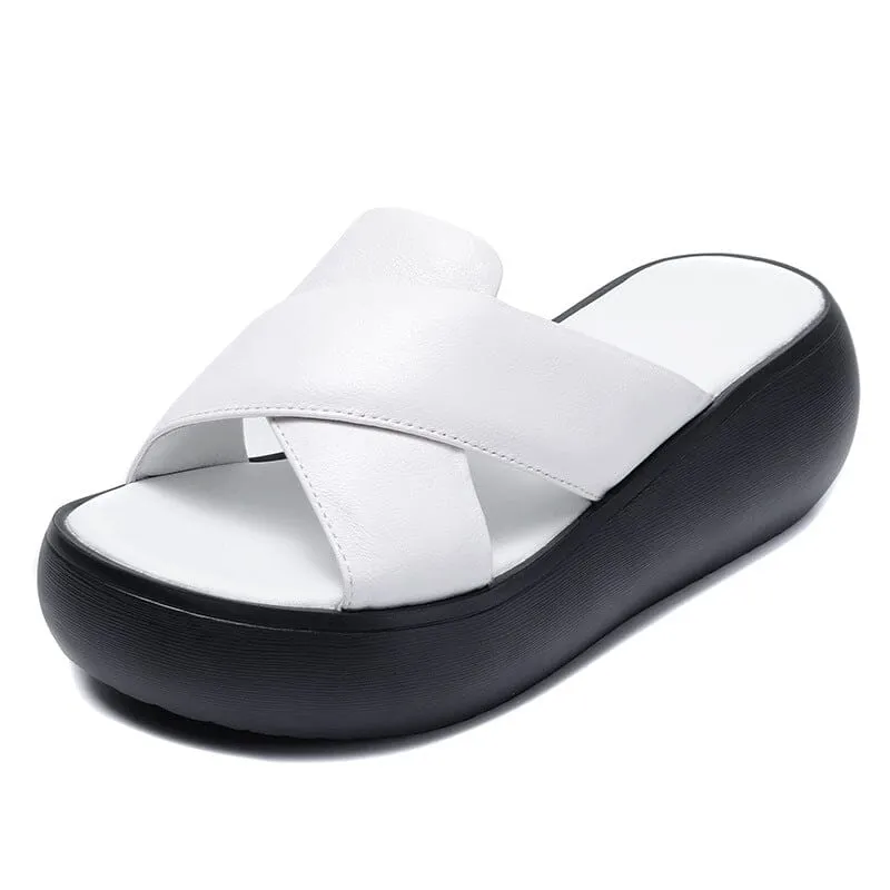 Women Summer Retro Leather Platform Casual Slippers